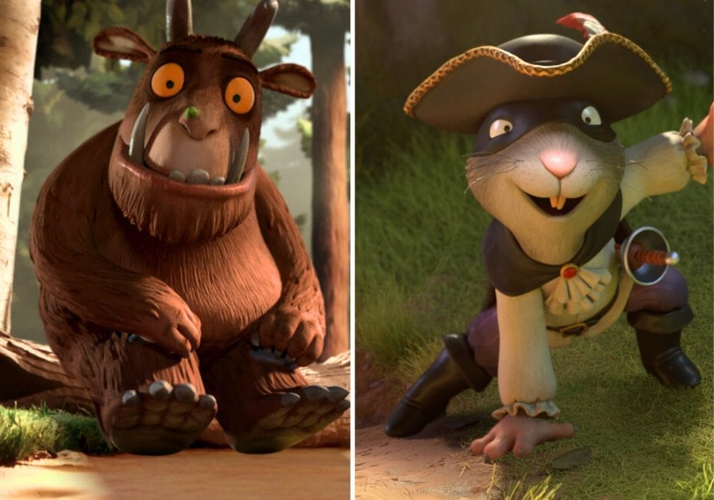 A captivating image displays a cartoon characters of a gruffalo and a mouse in a vibrant world, with a close-up of expressive eyes and a colorful outfit in a forest. The images unique focus highlights the characters hat adorned with a red band, evoking a playful spirit in nature.