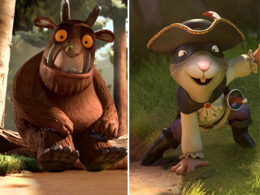 A captivating image displays a cartoon characters of a gruffalo and a mouse in a vibrant world, with a close-up of expressive eyes and a colorful outfit in a forest. The images unique focus highlights the characters hat adorned with a red band, evoking a playful spirit in nature.