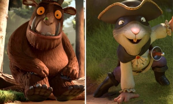 A captivating image displays a cartoon characters of a gruffalo and a mouse in a vibrant world, with a close-up of expressive eyes and a colorful outfit in a forest. The images unique focus highlights the characters hat adorned with a red band, evoking a playful spirit in nature.