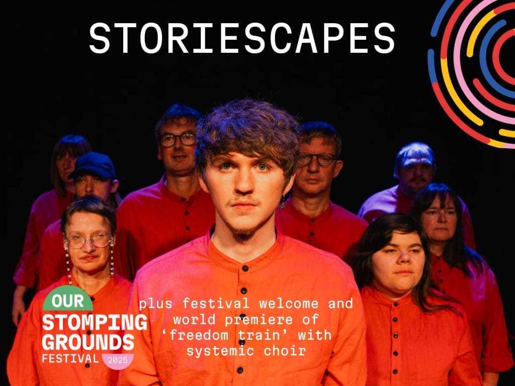 A young man stands in the middle of a group of people wearing red clothing. The white text Storiescapes is in large letters across the top of the image.