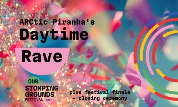 Colourful and sparkly abstract background with black text ARCtic Piranha's Day Time Rave
