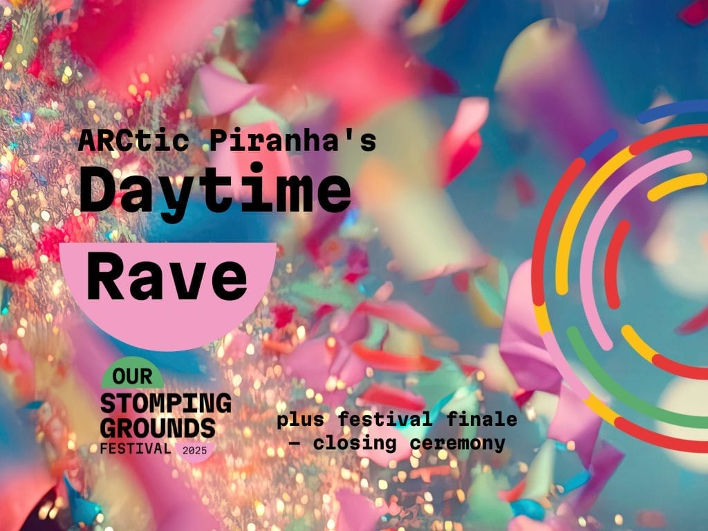 Colourful and sparkly abstract background with black text ARCtic Piranha's Day Time Rave