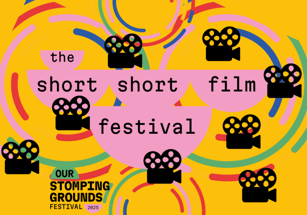 Several black old fashioned projector cameras against a yellow background with the text The Short, Short Film Festival