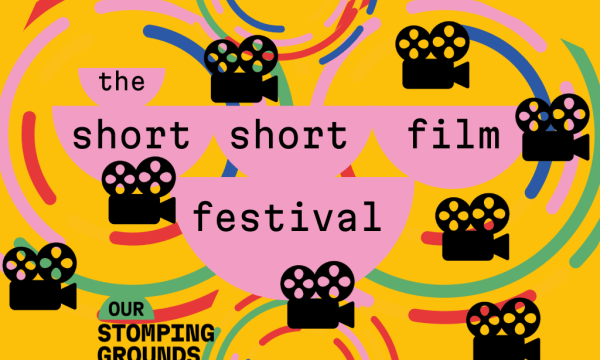 Several black old fashioned projector cameras against a yellow background with the text The Short, Short Film Festival