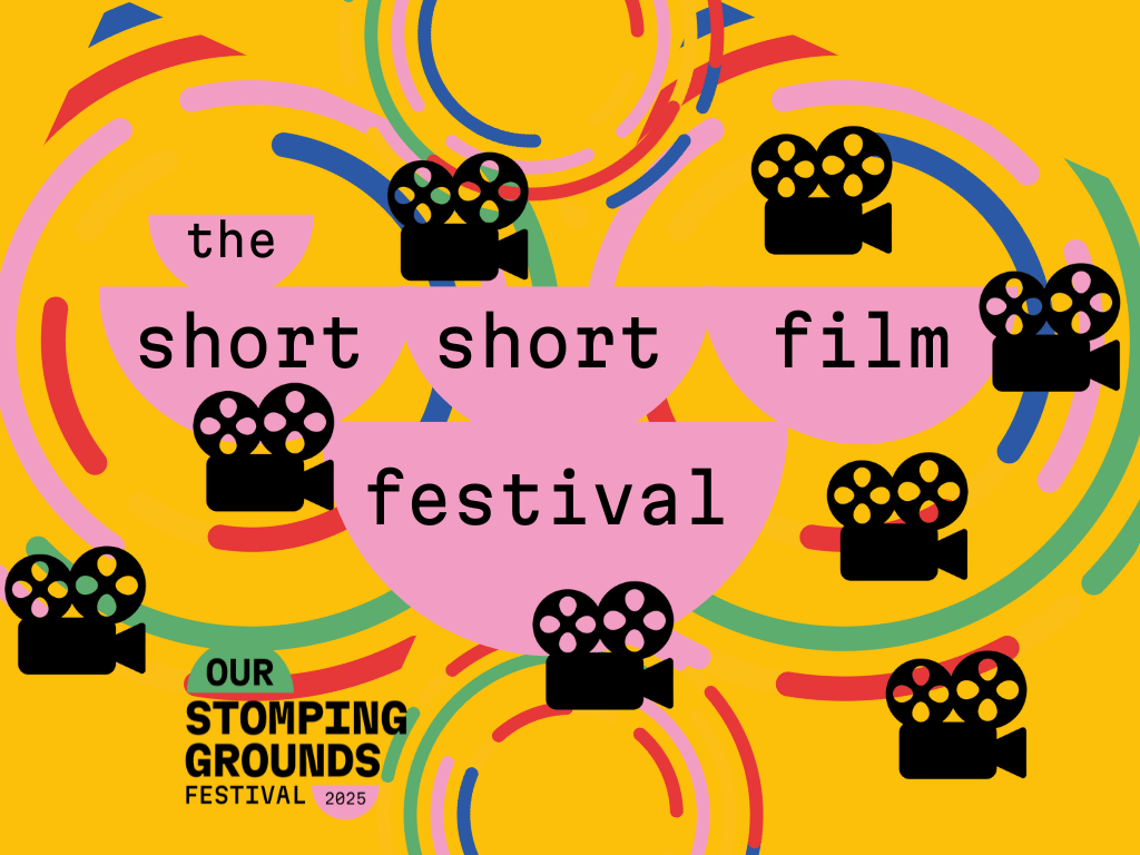 Several black old fashioned projector cameras against a yellow background with the text The Short, Short Film Festival