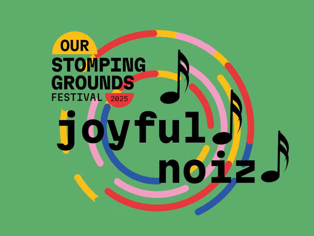 Multi coloured circles and musical notes with text reading Joyful Noise on a green background