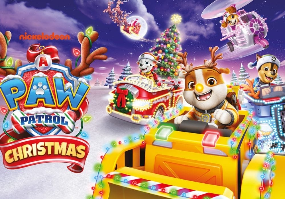 A cartoon image of a group of dogs driving snowploughs