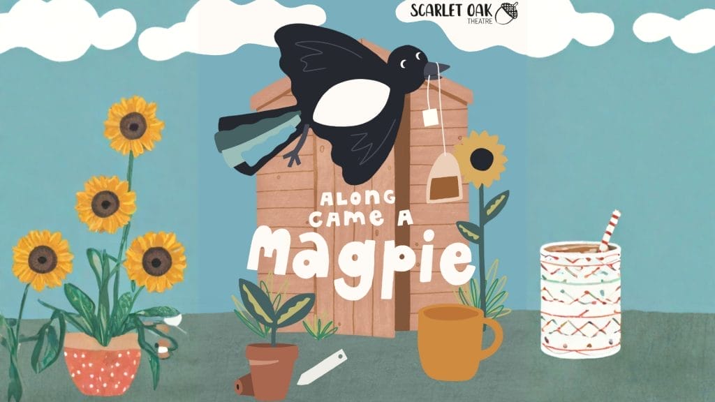 A colour illustration of a black magpie bird flying with a tea bag in it's beak in a garden