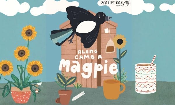 A colour illustration of a black magpie bird flying with a tea bag in it's beak in a garden