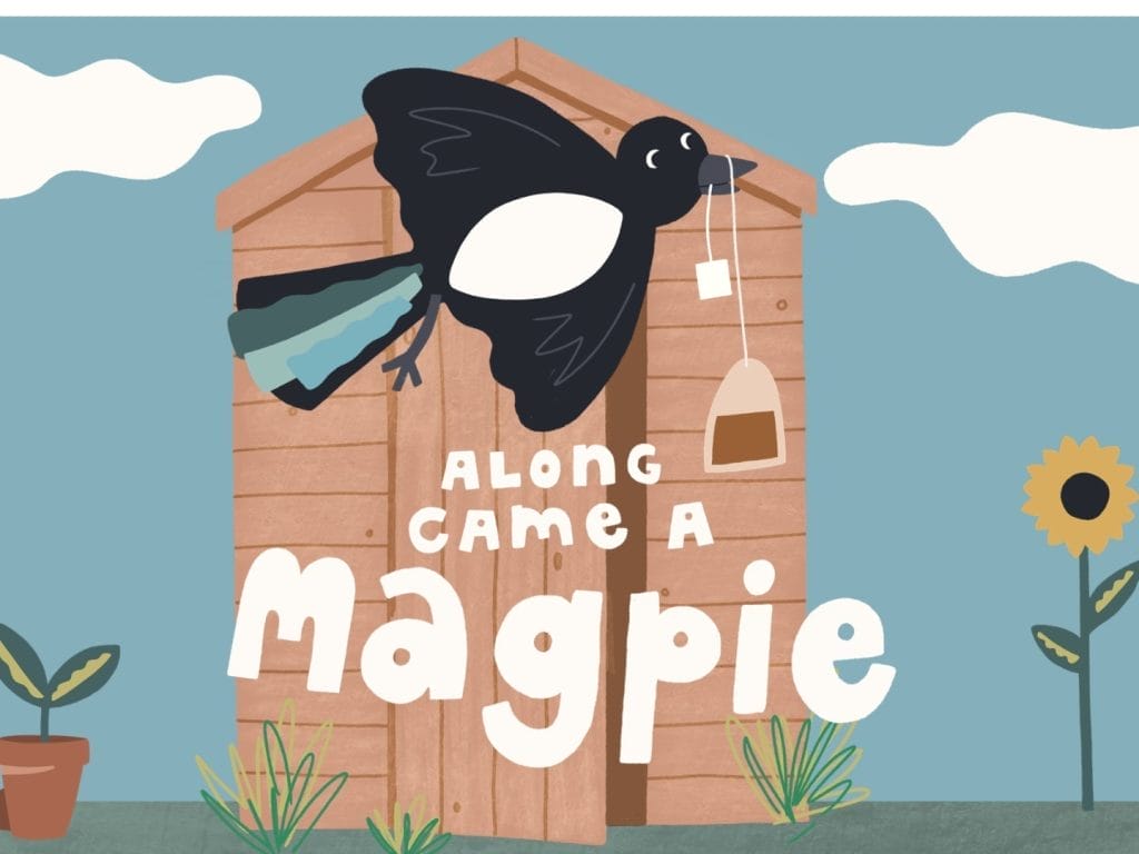 An illustration of a magpie with a tea bag in it's beak