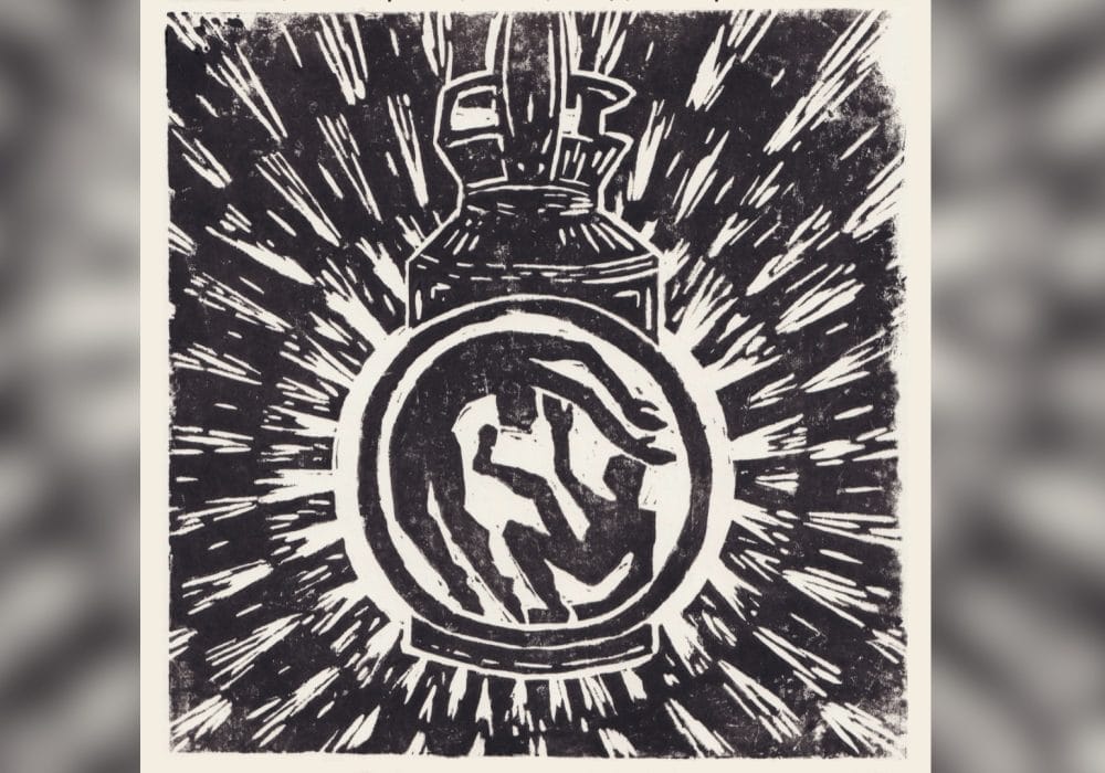 A black and white drawing of 2 human figures dancing