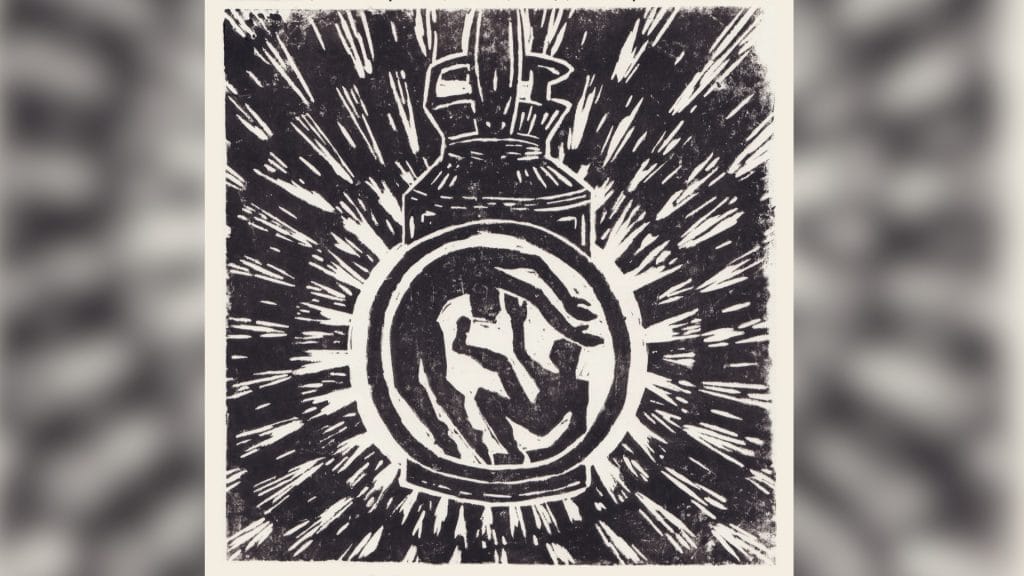 A black and white drawing of 2 human figures dancing