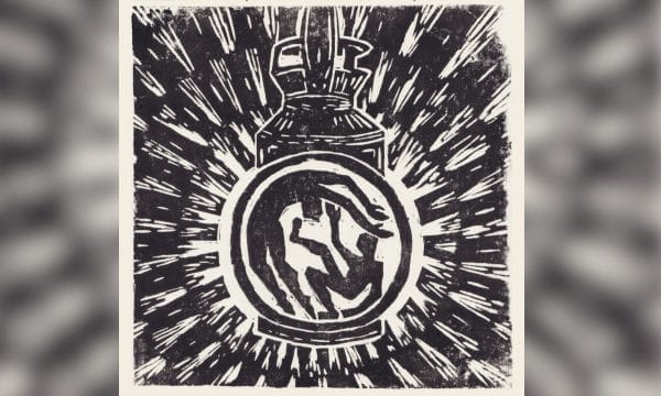 A black and white drawing of 2 human figures dancing