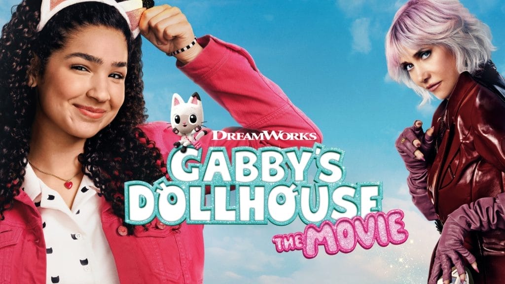 A young girl with brown curly hair wearing a cat ears hair band smiling standing next to a sinister blond haired woman dressed in red leather jacket