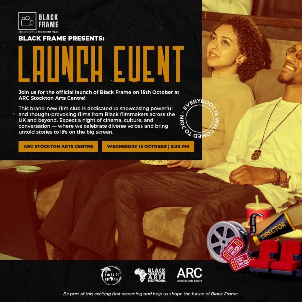 Black Frame launch event. A male and female sat on a sofa looking up as if they are looking at a screen
