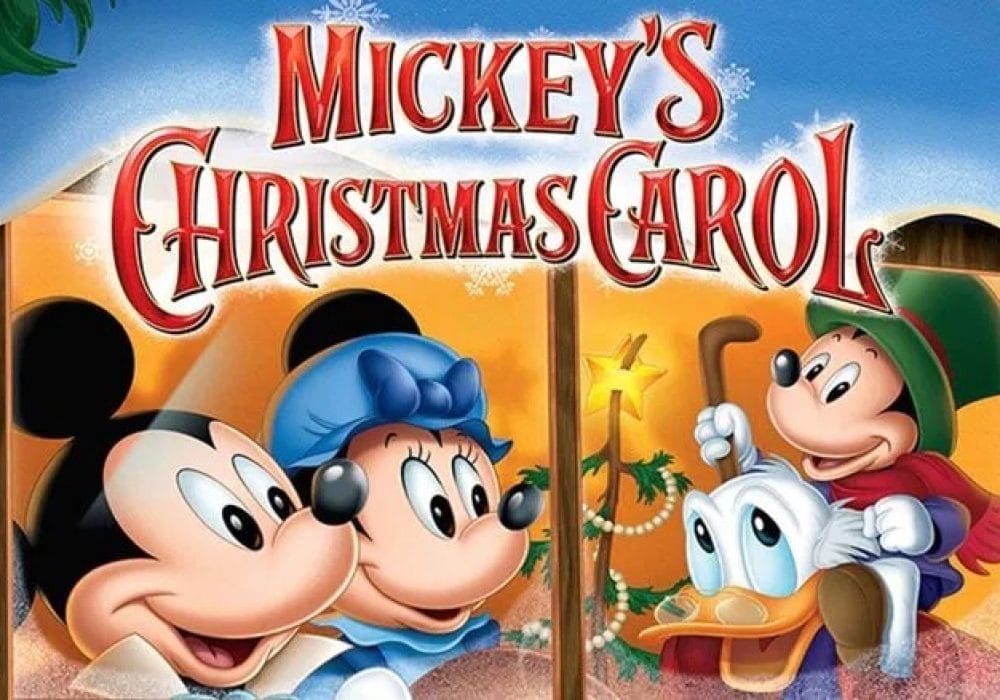 Mickey Mouse and Disney characters gather around a christmas tree