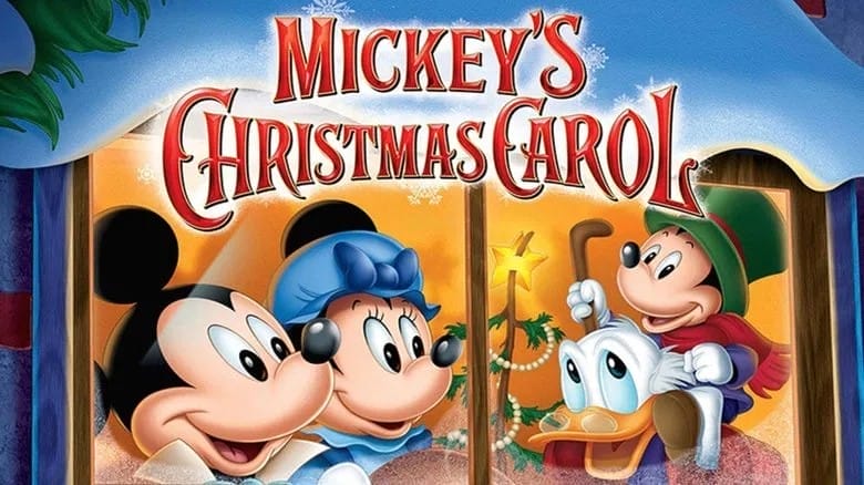 Mickey Mouse and Disney characters gather around a christmas tree