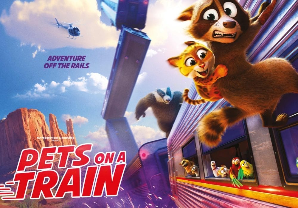 A cartoon image of a cat and racoon dangling out of train carriage