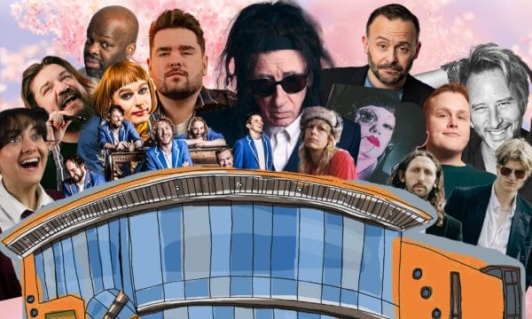 A collage of multiple artists surrounding an illustrated building image of ARC Stockton Arts Centre