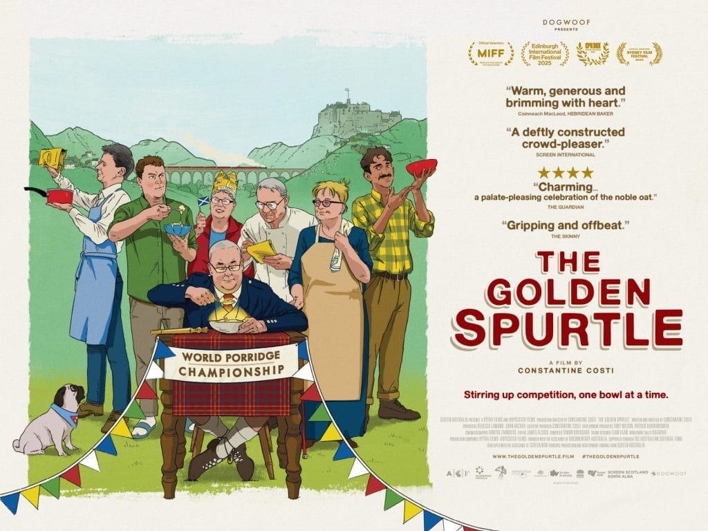 An illustration of a group of people eating porridge in the countryside