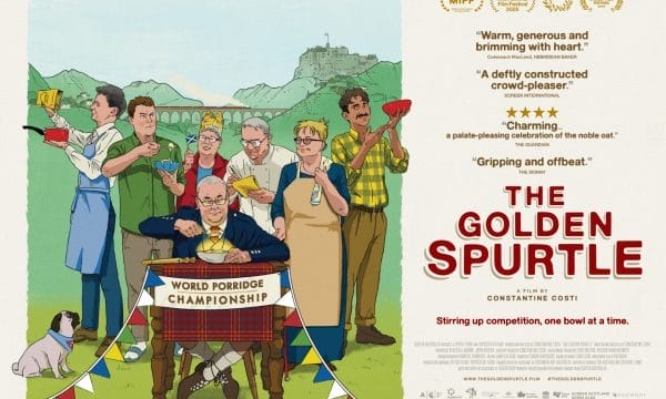 An illustration of a group of people eating porridge in the countryside