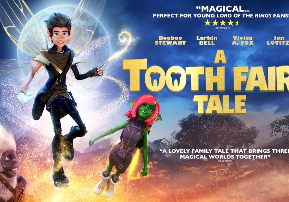 A children's fantasy scene with a male fairy, green flying female alien and a furry bear like creature