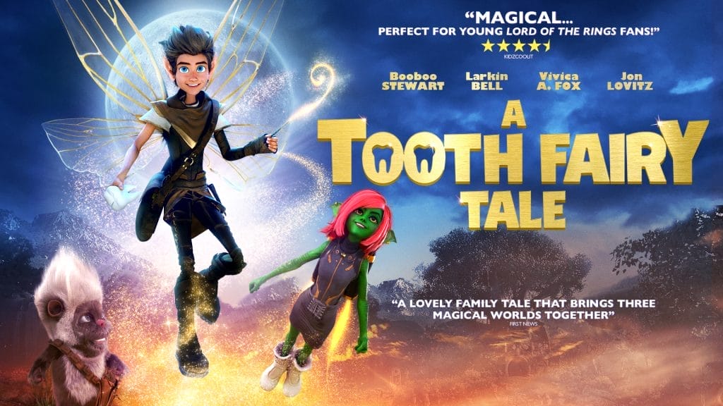 A children's fantasy scene with a male fairy, green flying female alien and a furry bear like creature