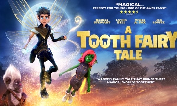 A children's fantasy scene with a male fairy, green flying female alien and a furry bear like creature