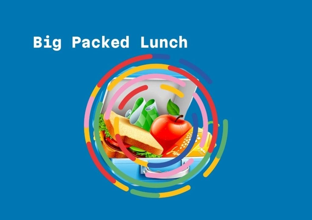 Big Packed Lunch graphic showing a lunchbox filled with a sandwich, apple, vegetables, drink can, and snacks, surrounded by colourful concentric circles on a blue background