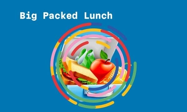 Big Packed Lunch graphic showing a lunchbox filled with a sandwich, apple, vegetables, drink can, and snacks, surrounded by colourful concentric circles on a blue background