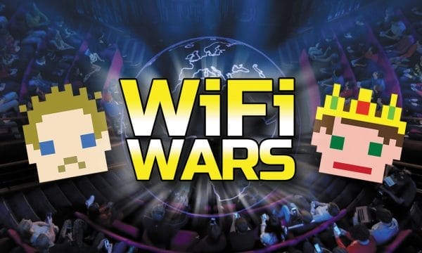 An 8bit computer image of 2 faces with a crown of people on the background