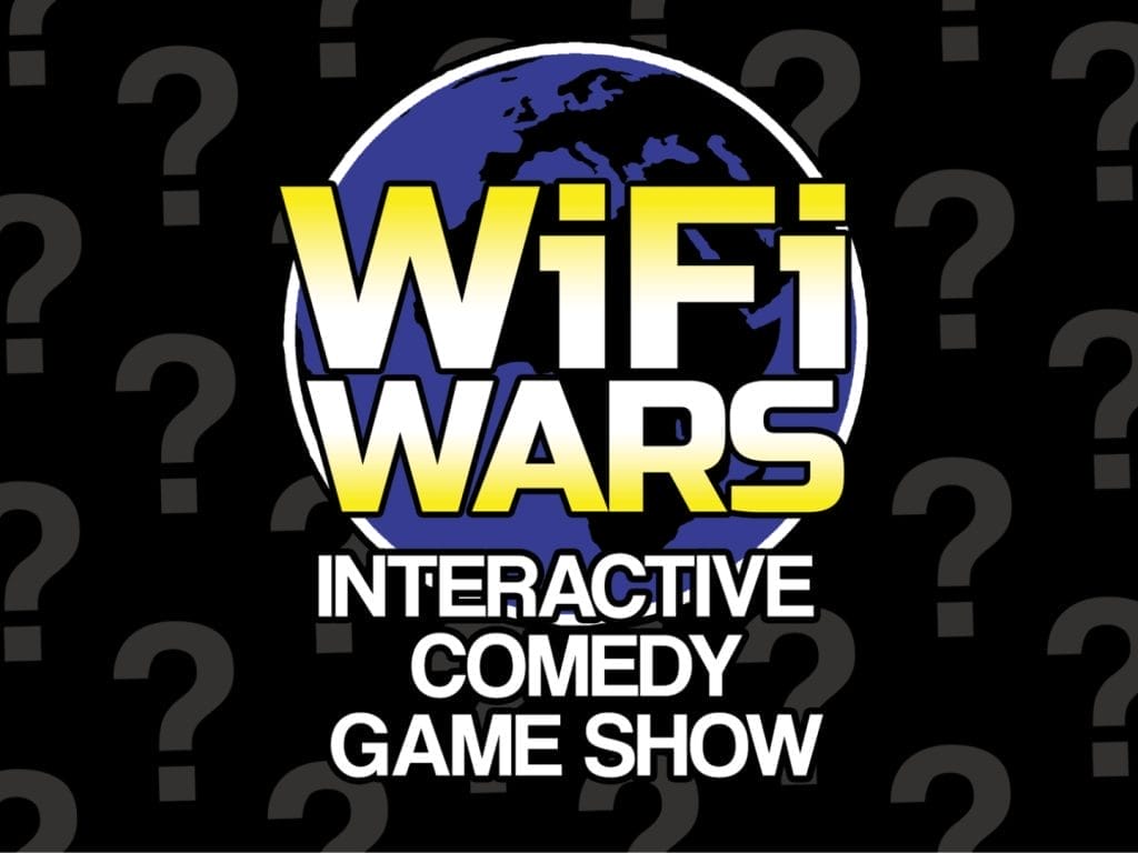 Main logo in the middle advertising comedy show "Wifi Wars" in a bold, yellow font.