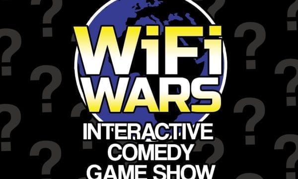 Main logo in the middle advertising comedy show "Wifi Wars" in a bold, yellow font.