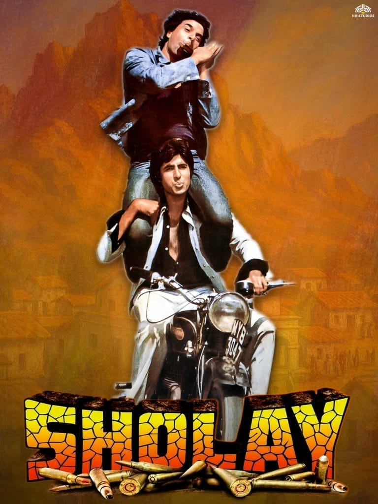 A man on a motorbike wearing a white suit with another man on his shoulders. Orange background. Sholay