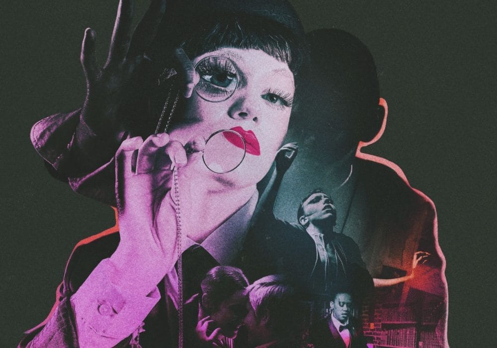 Surreal collage of a person with dramatic makeup holding a monocle, layered over shadowy figures in conversation; evokes mystery and intrigue.