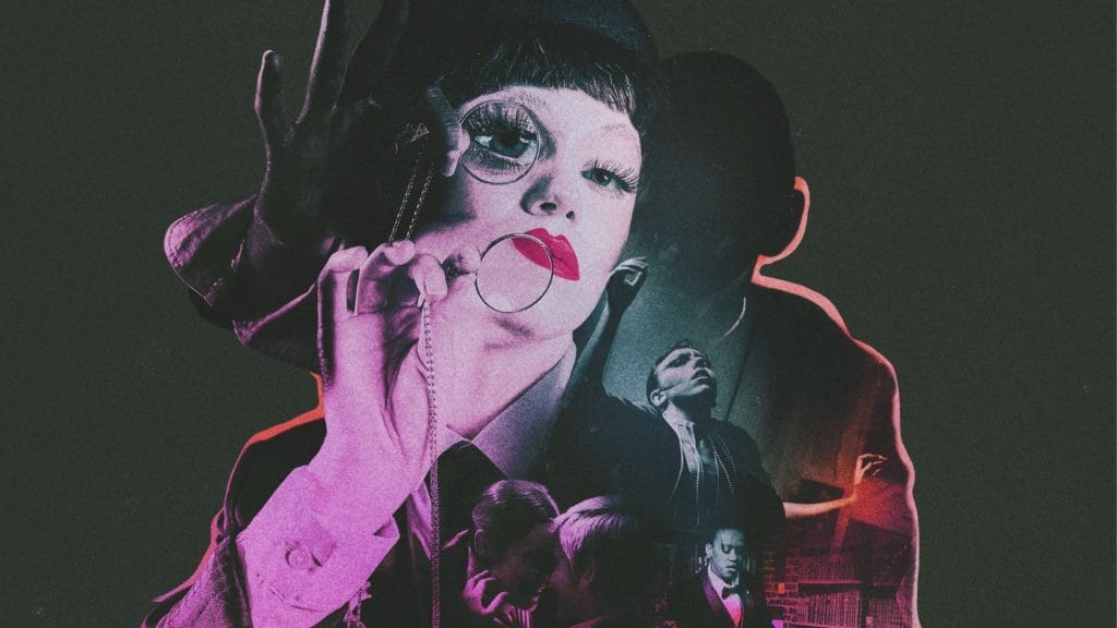 Surreal collage of a person with dramatic makeup holding a monocle, layered over shadowy figures in conversation; evokes mystery and intrigue.