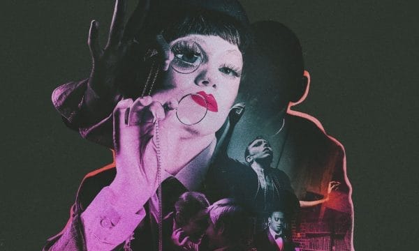 Surreal collage of a person with dramatic makeup holding a monocle, layered over shadowy figures in conversation; evokes mystery and intrigue.