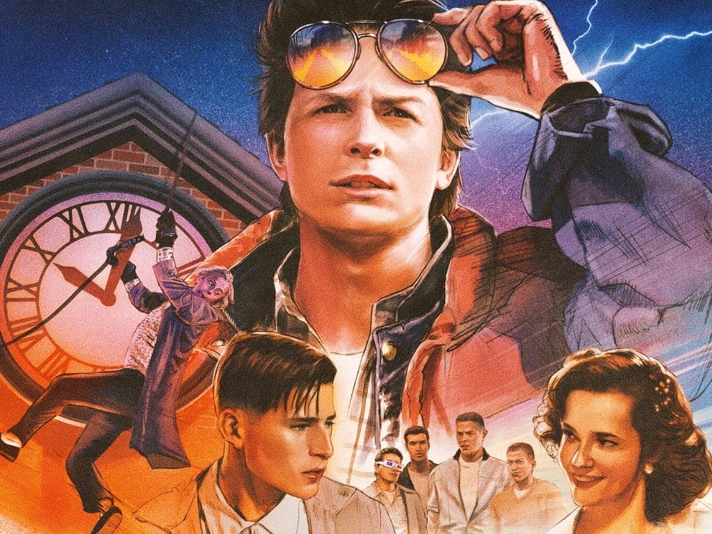 A stylised illustration of a young man wearing sunglasses looking pensive with a town hall clock behind him.