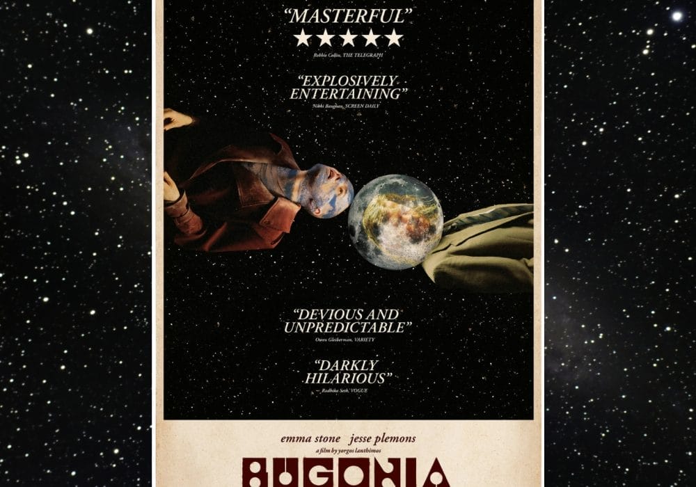 A black starry space image with a bald women head butting the world planet like a football