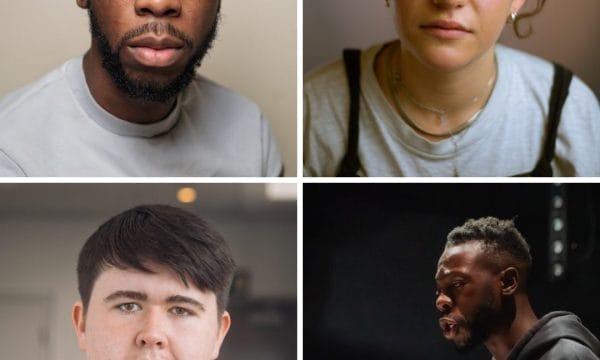 A collage of four portraits featuring three people facing the camera and one person reading from a paper in a dimly lit setting.