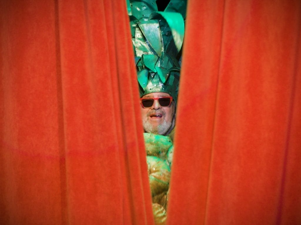 A bearded man wearing red sunglasses dressed as a pineapple peaking through a red curtain