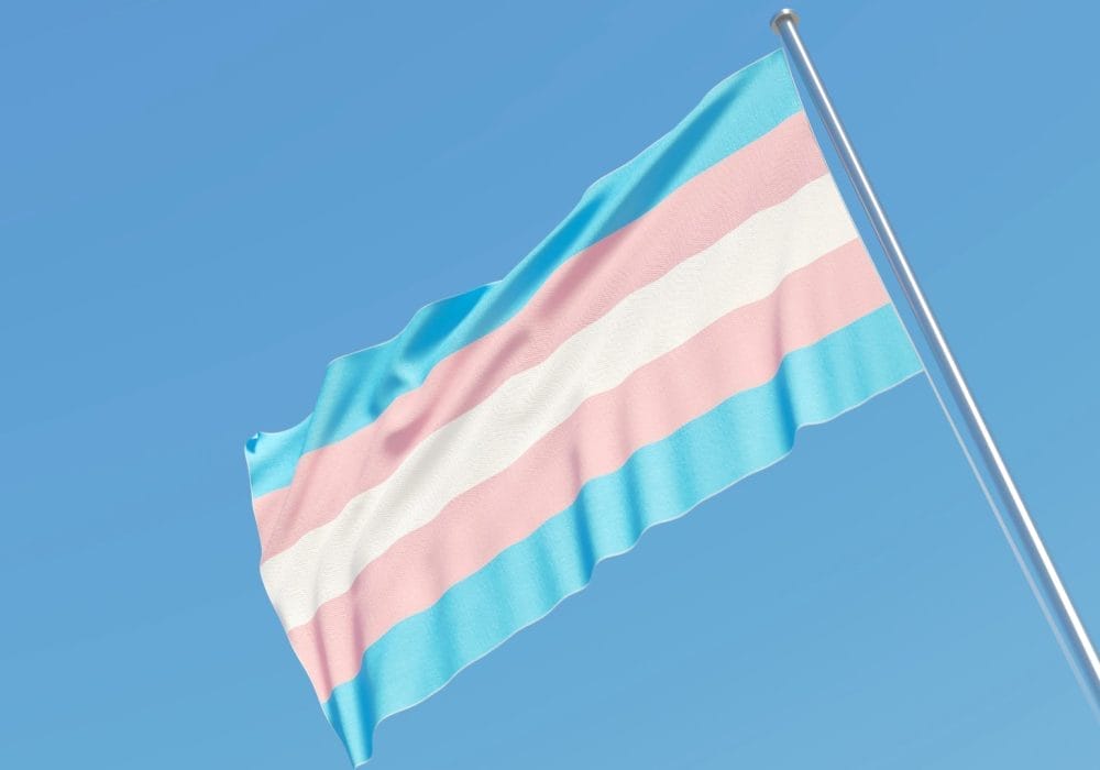 A transgender flag waving in the breeze against a clear blue sky, symbolizing pride and inclusivity.