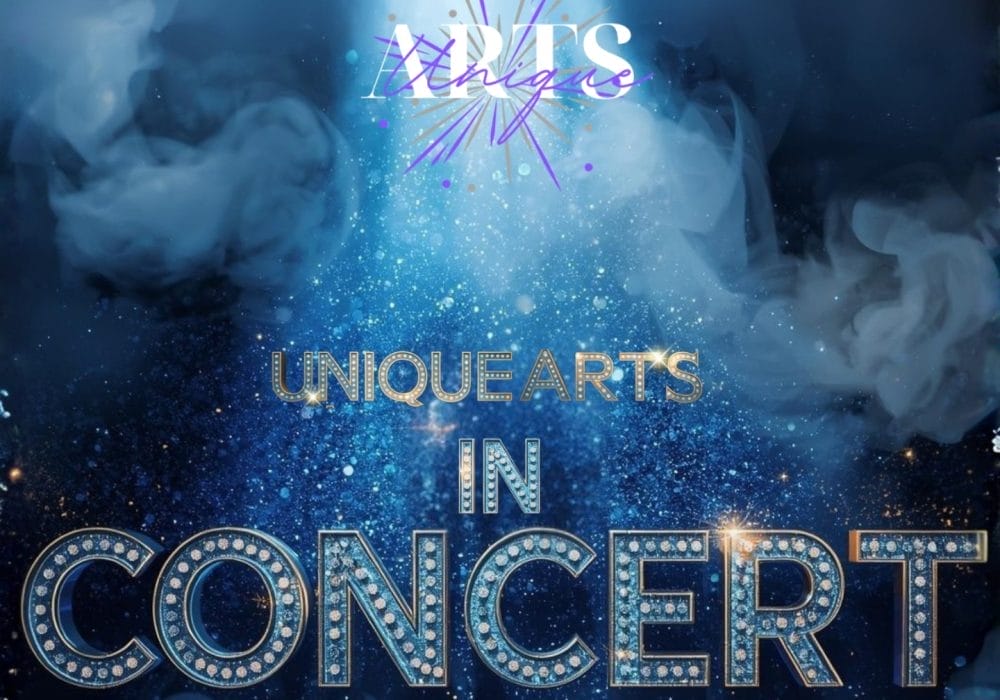 Unique Arts In Concert lettering against a smoky blue background