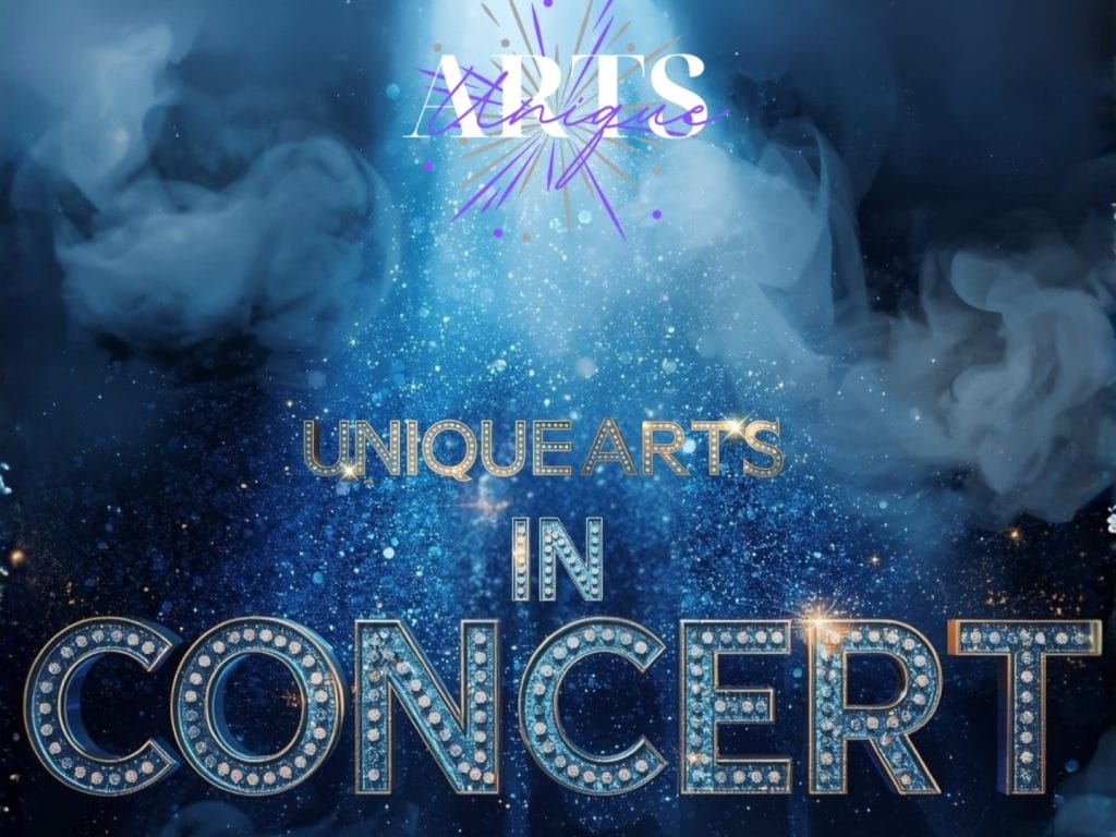 Unique Arts In Concert lettering against a smoky blue background