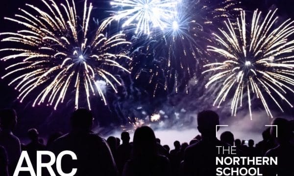 A crowd watching a fireworks display