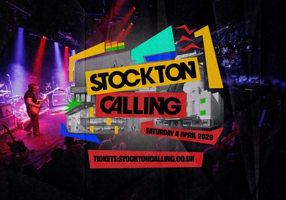 Stockton Calling music festival announcement poster showing live band performance, Saturday 4 April 2026