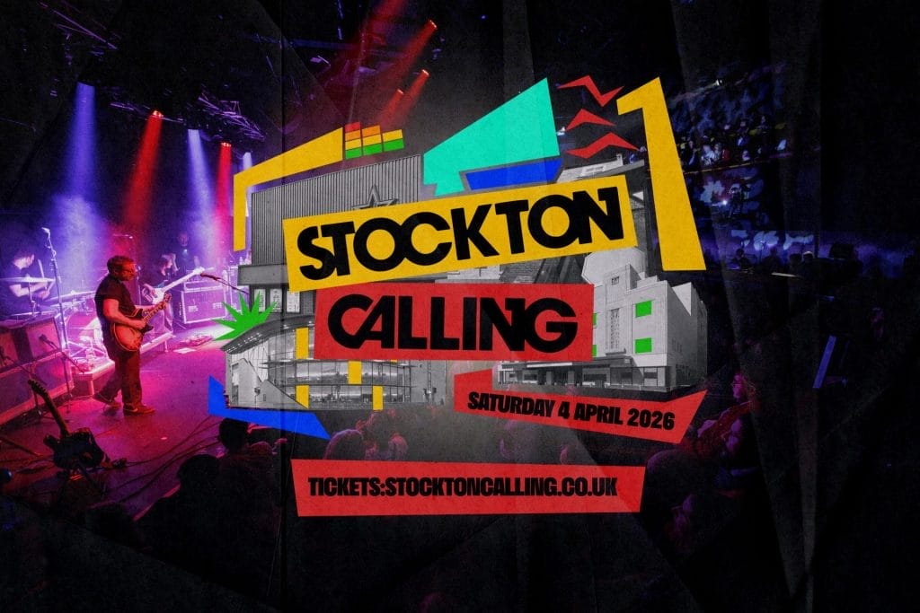 Stockton Calling music festival announcement poster showing live band performance, Saturday 4 April 2026
