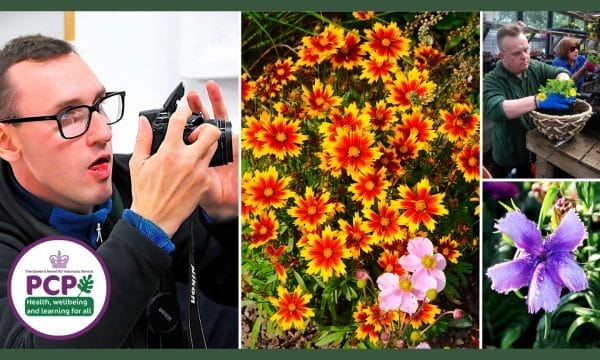 A man with glasses holding a camera and a collage of flower photos
