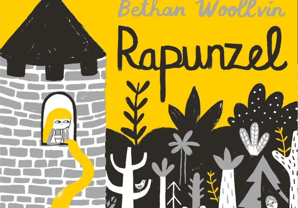 A stylised illustration of a woman with long hair standing at the windows of a tower